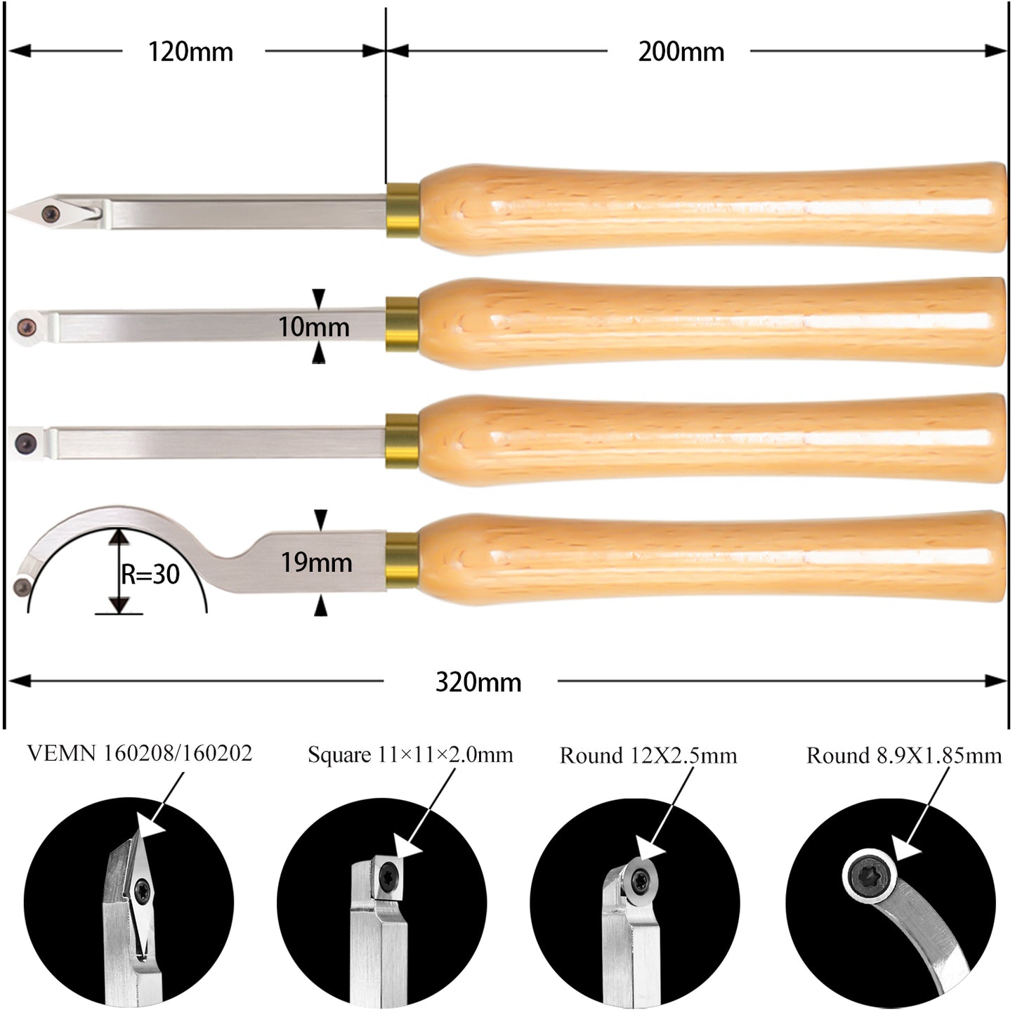 Woodturning Lathe Tools 12-3/5" Set Carbide Tipped Hollower Finisher Rougher Detailer with Wooden Handle 320 mm