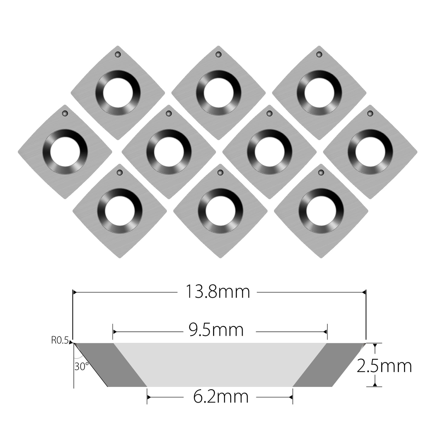Woodoworking Carbide Insert 13.8x13.8x2.5mm-30°-R150-4R0.5 with Radius Corner for Felder Planer