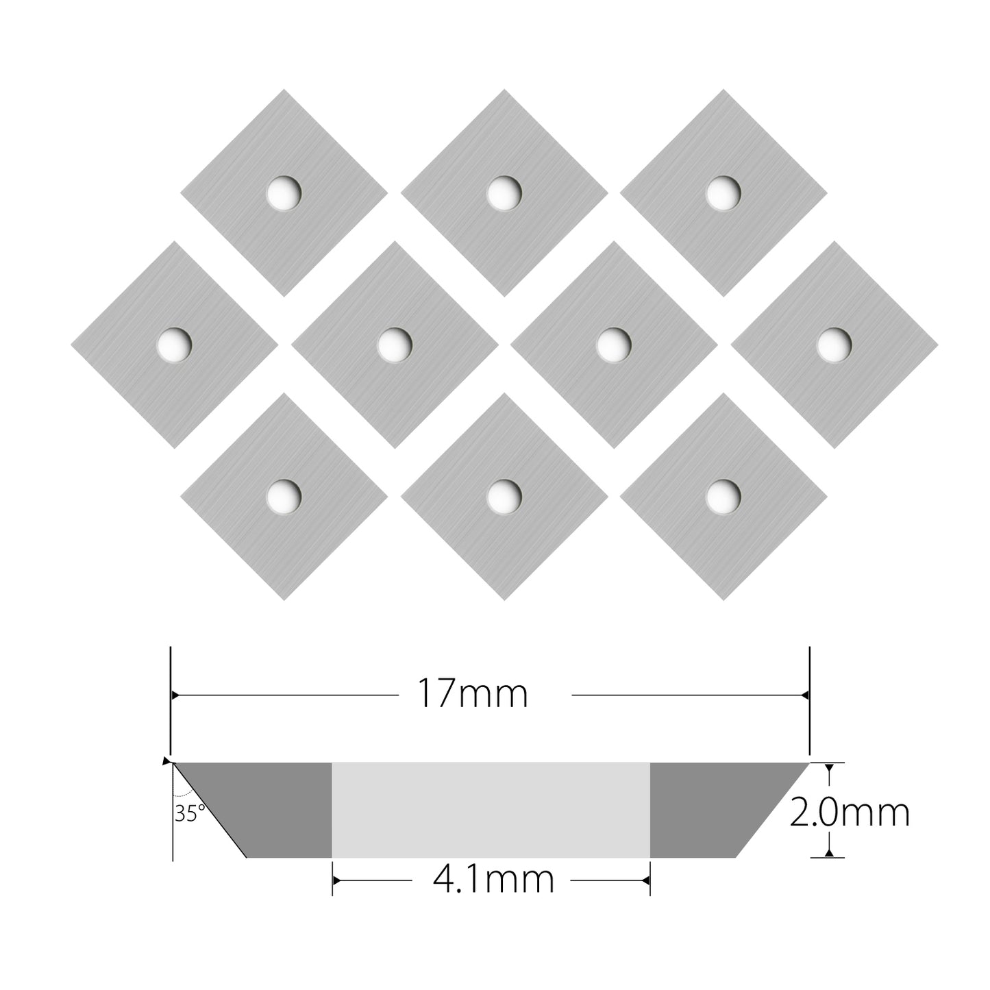 Woodworking Carbide Inserts 17x17x2mm-35°,4-Edge Reversible Knives Square Blades for Spiral Helical Cutter Heads