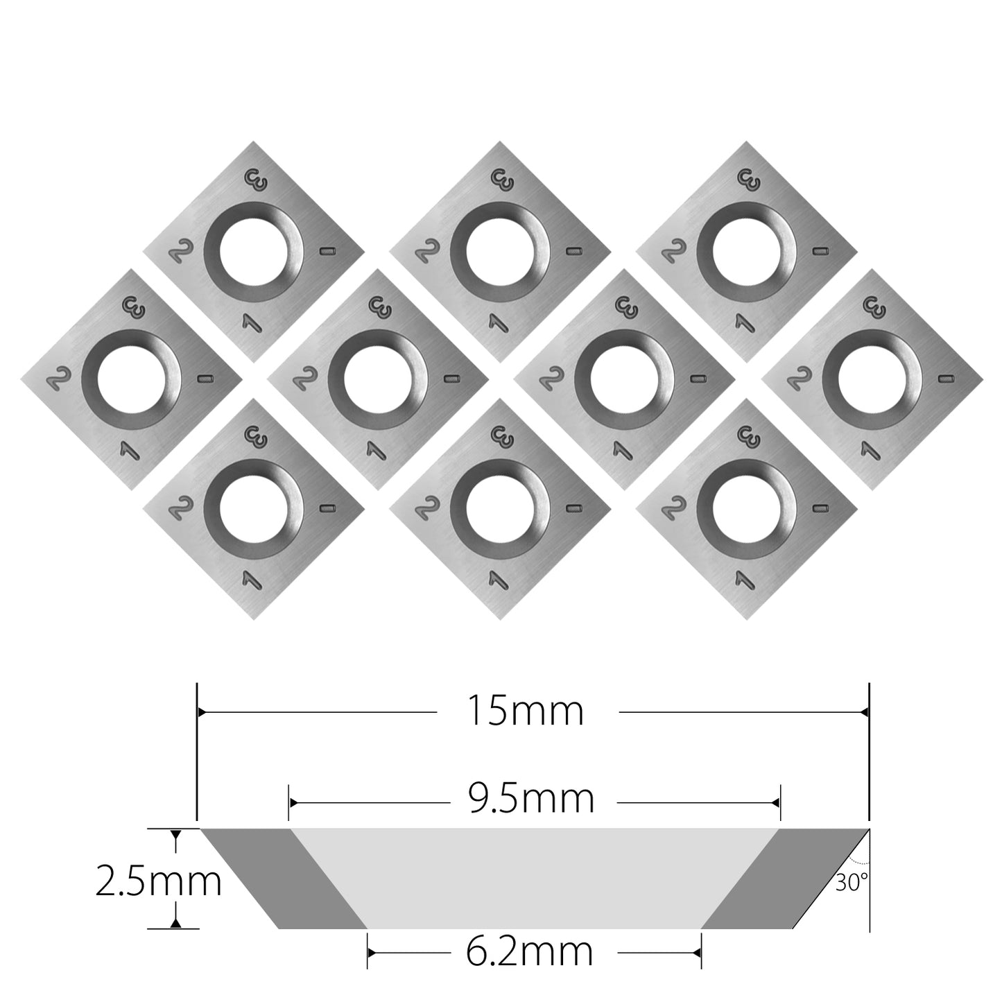 15x15x2.5mm Woodworking Carbide Inserts Blades for Wahuda ITECH & Northtech Planer Jointer Spiral Helical Cutterheads