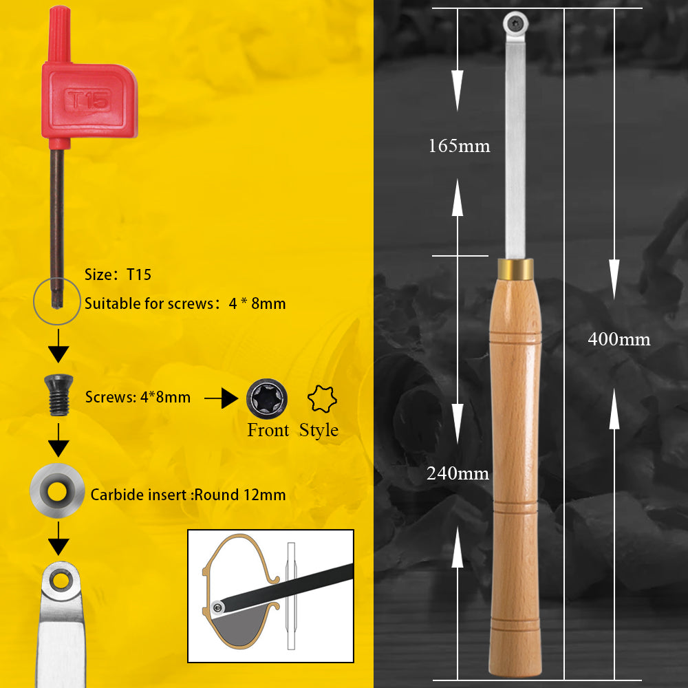Woodturning Finisher Carbide Tipped  Ci3 12mm Round Carbide Insert  Wood Turning Lathe Tool Bar with Solid Wooden Handle 400mm