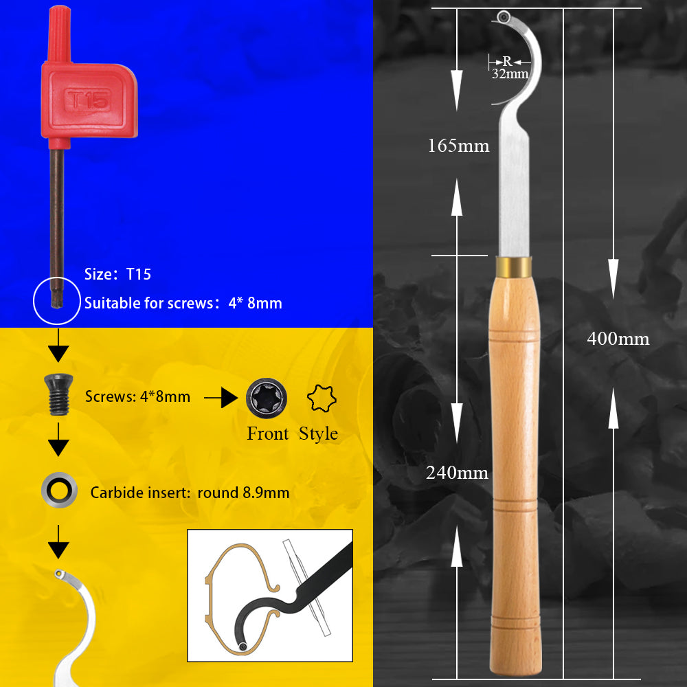 Woodturning Swan Neck Hollower 8.9mm Round Ci5 Carbide Insert Blade Carbide Tipped Turning Lathe Chisel Tool with Solid Wooden Handle 400mm