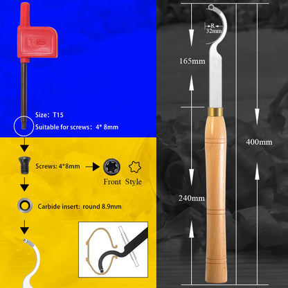 Woodturning Swan Neck Hollower 8.9mm Round Ci5 Carbide Insert Blade Carbide Tipped Turning Lathe Chisel Tool with Solid Wooden Handle 400mm